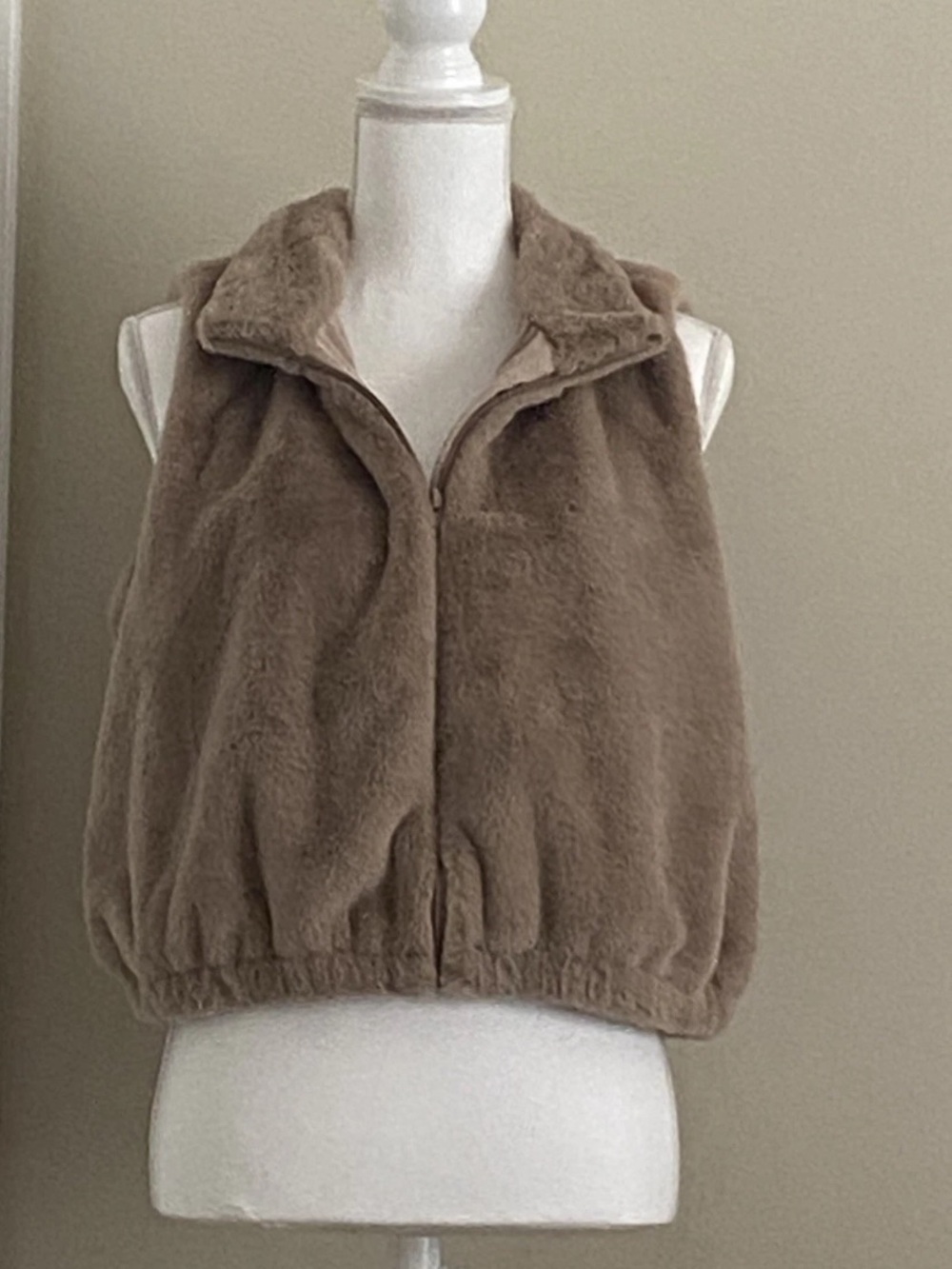 Faux Fur Zip Front Vest in Tan